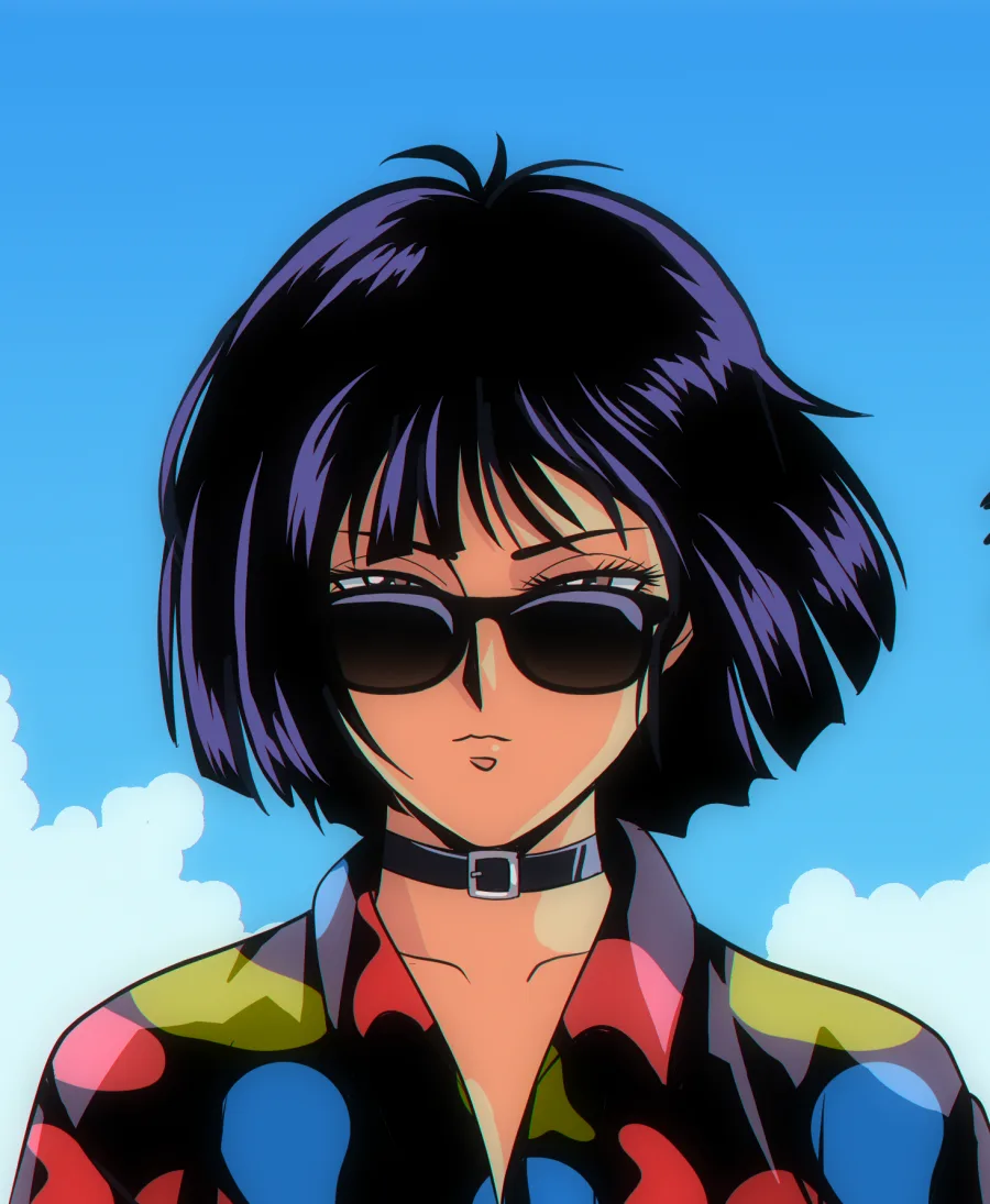 Portrait of a SPECTRE character with a black bob, sunglasses and a choker, against a blue sky.