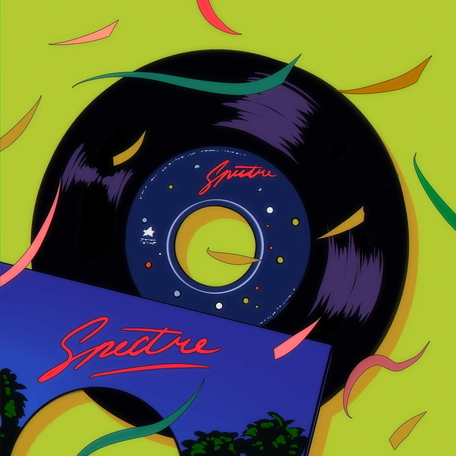 SPECTRE album cover: a black record with a navy Spectre label sliding out of its blue sleeve, ribbons of confetti on lime green.
